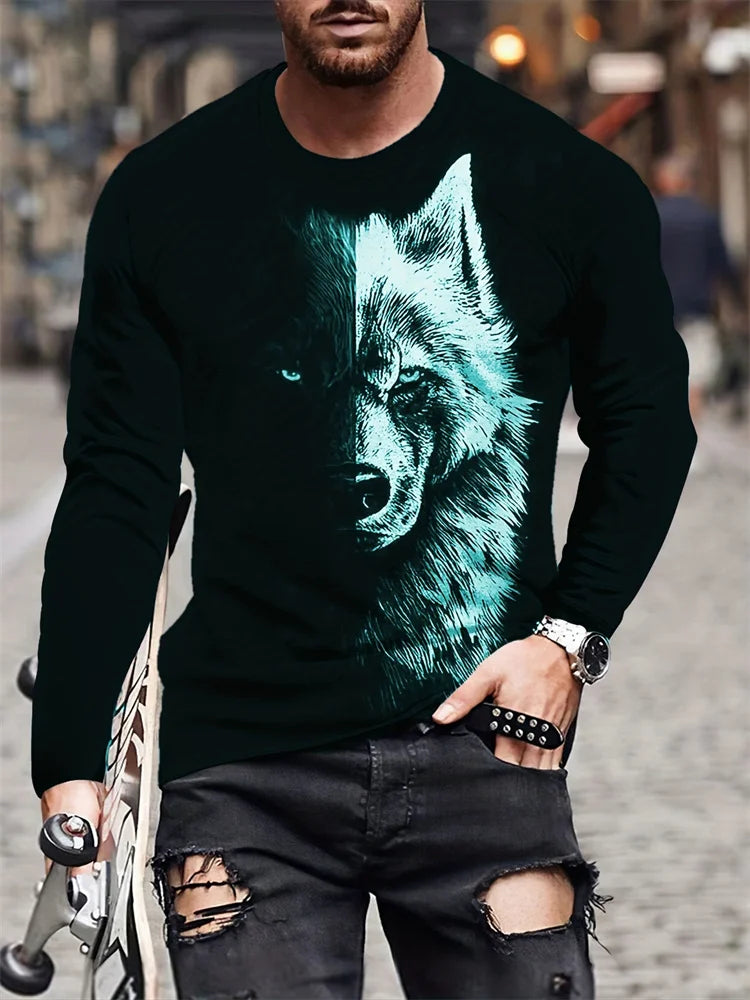 Spring And Autumn Men's Daily Casual Top Street Fashion Men's Long Sleeve T-shirt 3D Wolf Print Men's Long Sleeve T-shirt