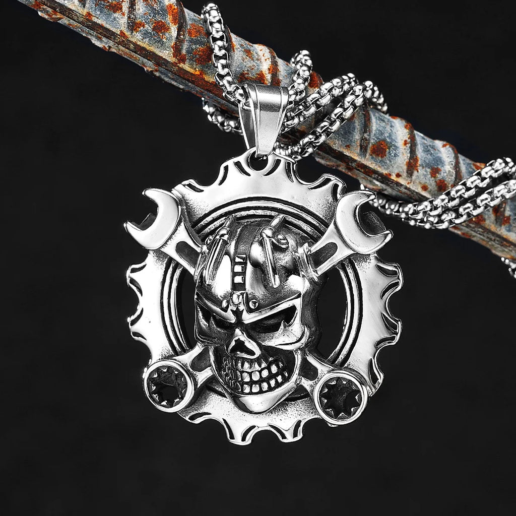 PENDRA Wrench Gear Skull Steel Necklace