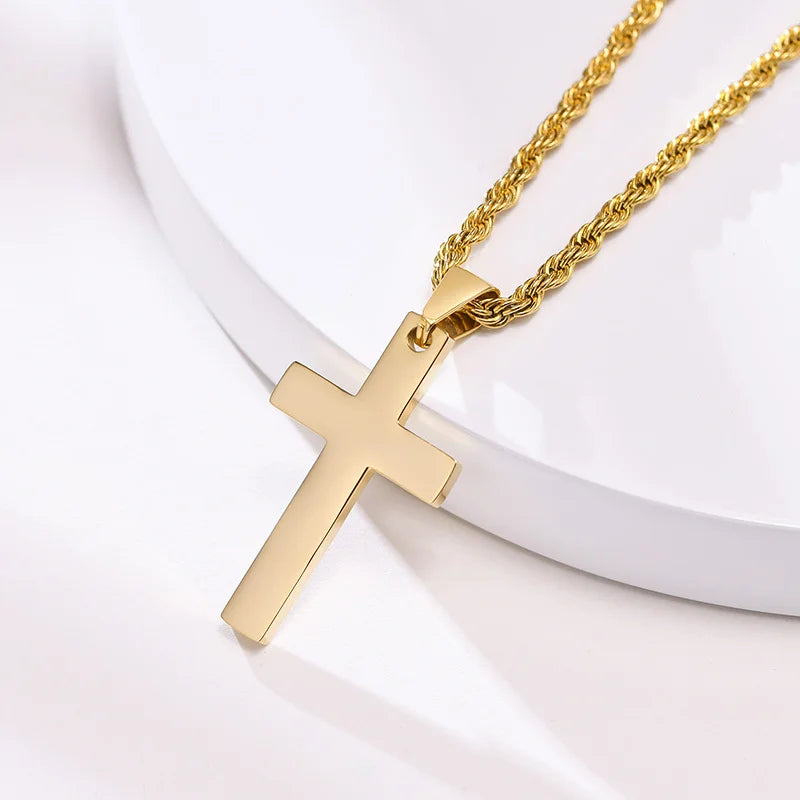 Gold Color Cross Necklaces for Men Boys,Stainless Steel Pendant Necklaces with 50cm Twist Rope Chain,Beach Surfing Jewelry Gift