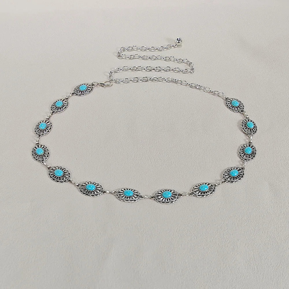 Silver Bohemian Female Metal waist chain Belt luxury Blue Gemstone Ellipse Designer Belts for Women Long Waistband Punk