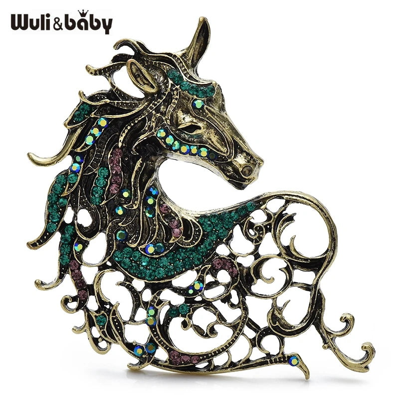 Wuli&baby Vintage Strong Horse Brooches 4-color Rhinestone Zodiac Animal Party Office Brooch Pins Gifts