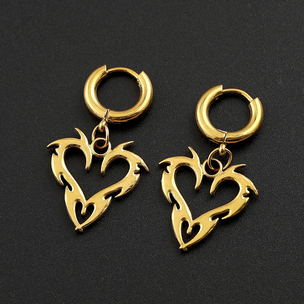 Y2K Thorn Flame Hoop Earrings Stainless Steel Korean Heart Unisex Punk Charm Grunge Ear Jewelry Goth Party Streetwear Gift
