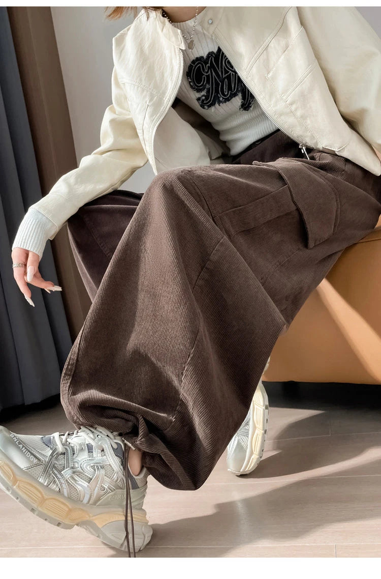 Corduroy cargo wide leg pants women in winter 2025 new high waisted loose fit slimming and ankle tied casual pants
