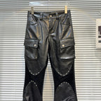 Fashion Casual Rivet PU Leather Trouesrs Women Drawstring Designe Pockets Motorcycle Black Bell-bottoms Street Flared Pants