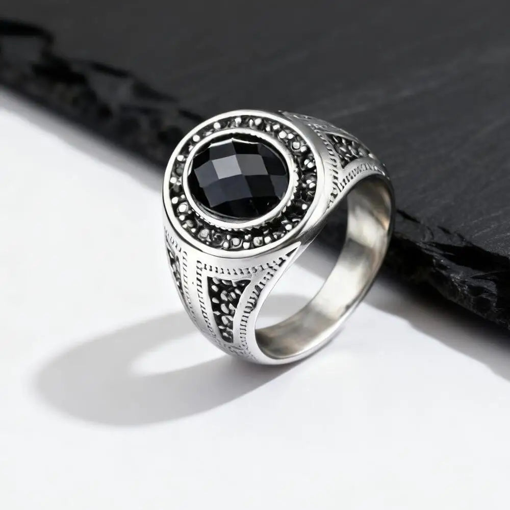 Stylish Faceted Black Stone Ring for Men,Waterproof Stainless Steel Oval Ring,Birthday Party Gift for Him Dad
