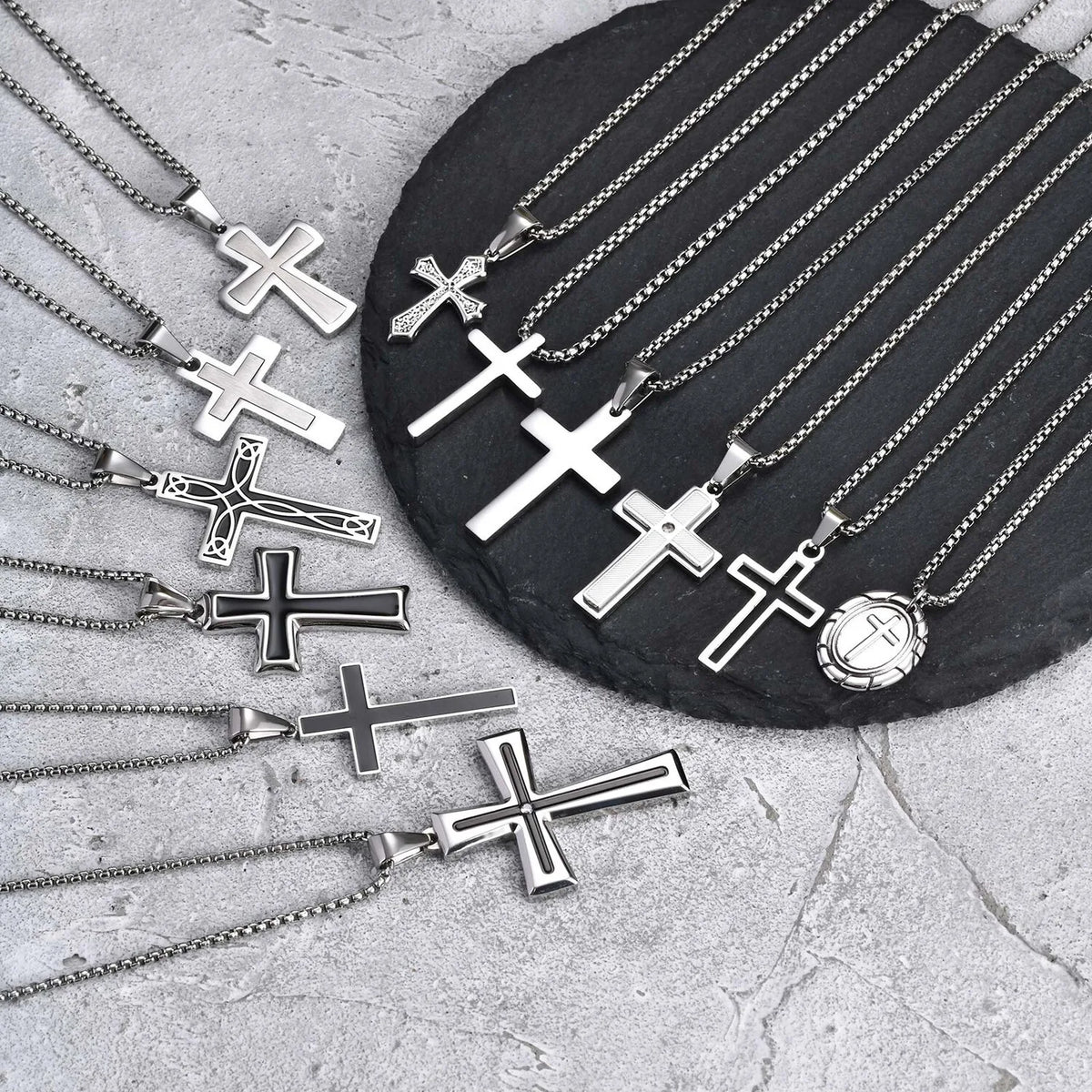 Stylish Men's Cross Necklace,Stainless Steel Silver Color Cross Pendant Necklace,Christian Religious Faith Easter Jewelry Gift