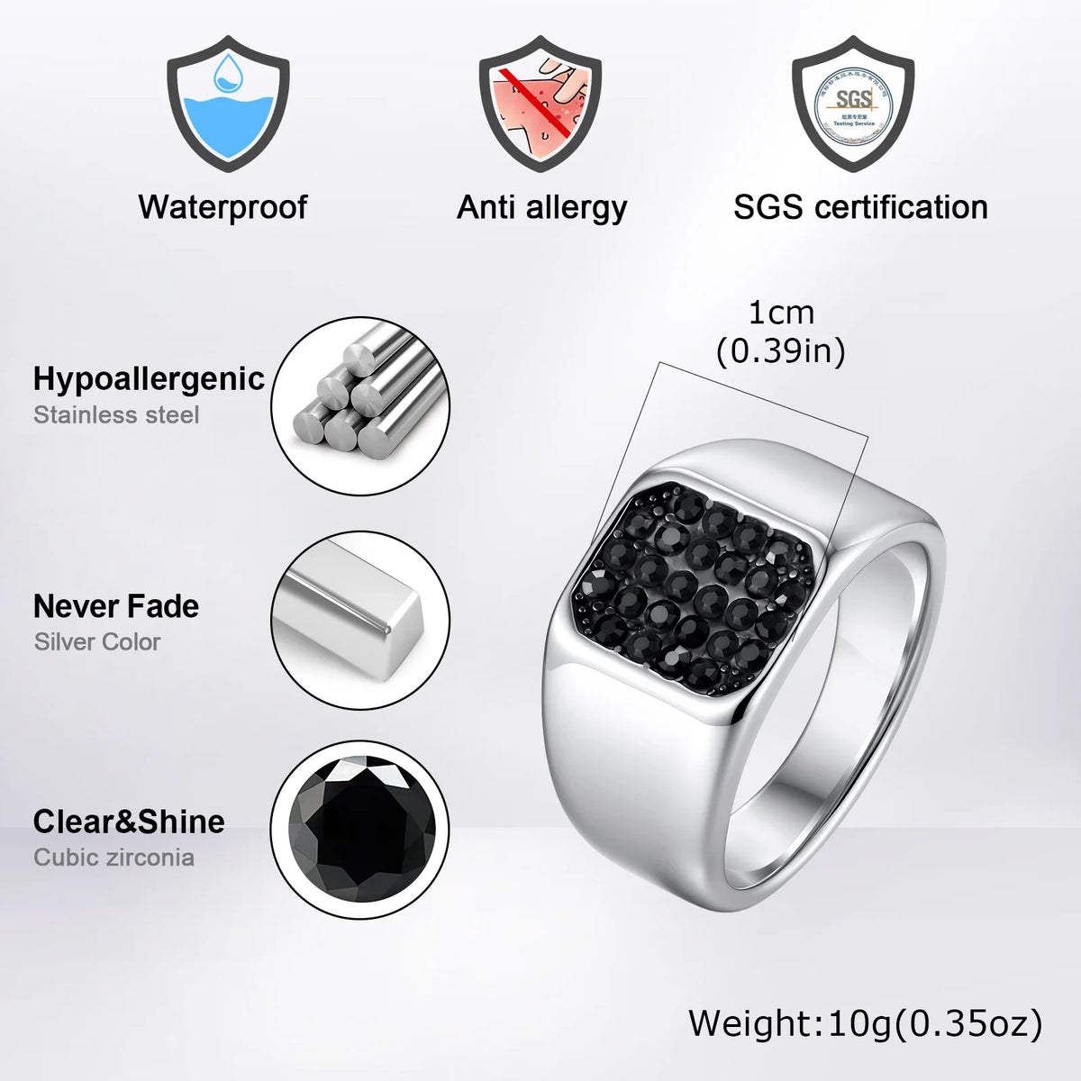 Punk Stainless Steel Signet Ring for Men,Waterproof Black Zircon Square Ring,Hip Hop Trend Jewelry Gift