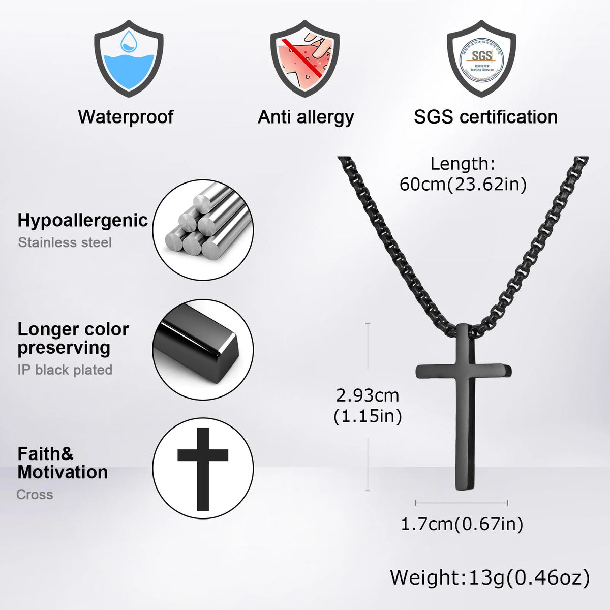Simple Plain Cross Necklace for Men,Stainless Steel Silver Gold Color Cross Pendant Necklace,Christian Prayer Jewelry Gift