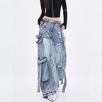 Female Trendy Loose Straight Wide Leg Denim Pants American Style High Street Three-dimensional With ribbons Design Pants