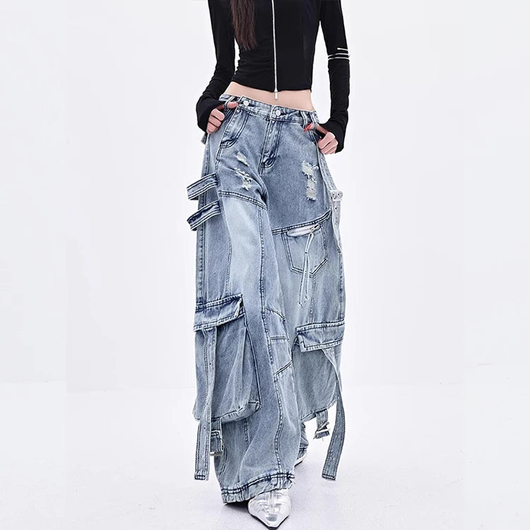 Female Trendy Loose Straight Wide Leg Denim Pants American Style High Street Three-dimensional With ribbons Design Pants