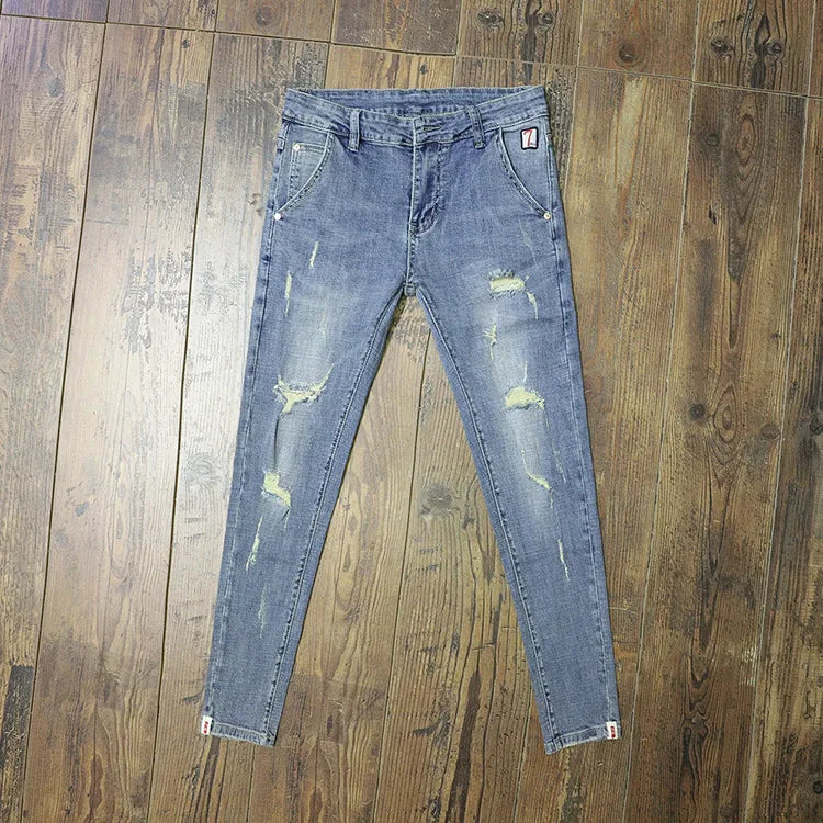 Light-colored Distressed Denim Cropped Trousers For Men Personality Slant Pocket Design, Embroidered Slim-fit Pencil Trousers