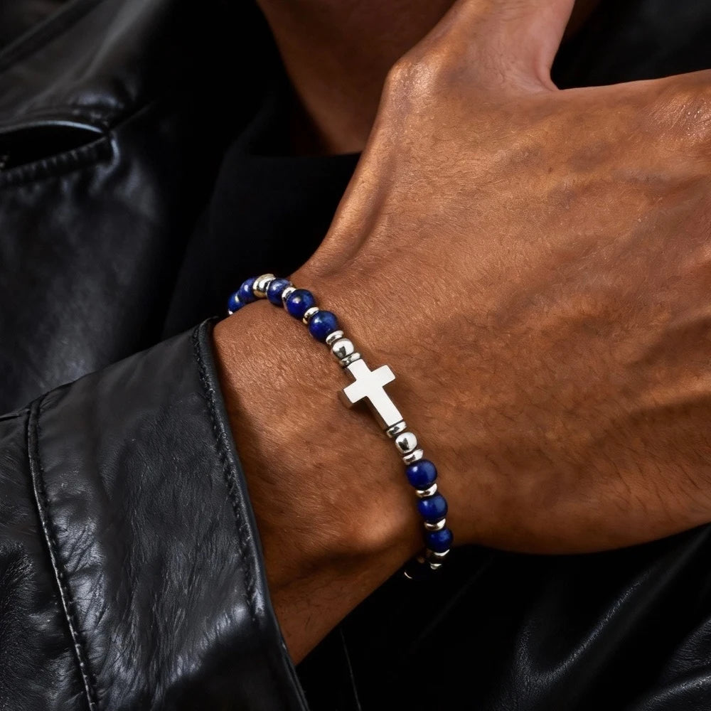 Trendy Men's Natural Stone Beaded Bracelet,Bohemian Cross Charms Chain Wristband,Jewelry Gift for Husband Dad Son
