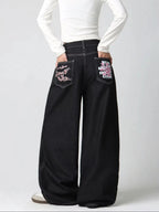 Women's Vintage American-Style Pocket Embroidered Print Loose High-Waist Wide-Leg Jeans Y2K Street Trend Simple Comfortable Everyday Versatile Pants