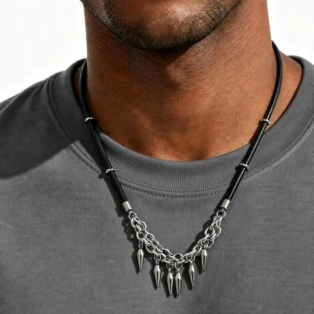 Rock Punk Rivet Leather Necklace for Men,Stainless Steel Tassel Chain Choker,Street Rapper Biker Jewelry Gift