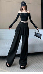 Suit wide leg pants skirt women's autumn design sense fake two piece pleated skirts high waisted loose floor length pants
