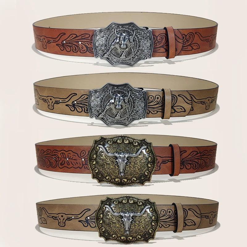 Western Leather Jeans Belts Plus Size Bull Buckle Cowboy Longhorn Bull Pattern Buckle Belt Floral Engraved Buckle Belt for Men