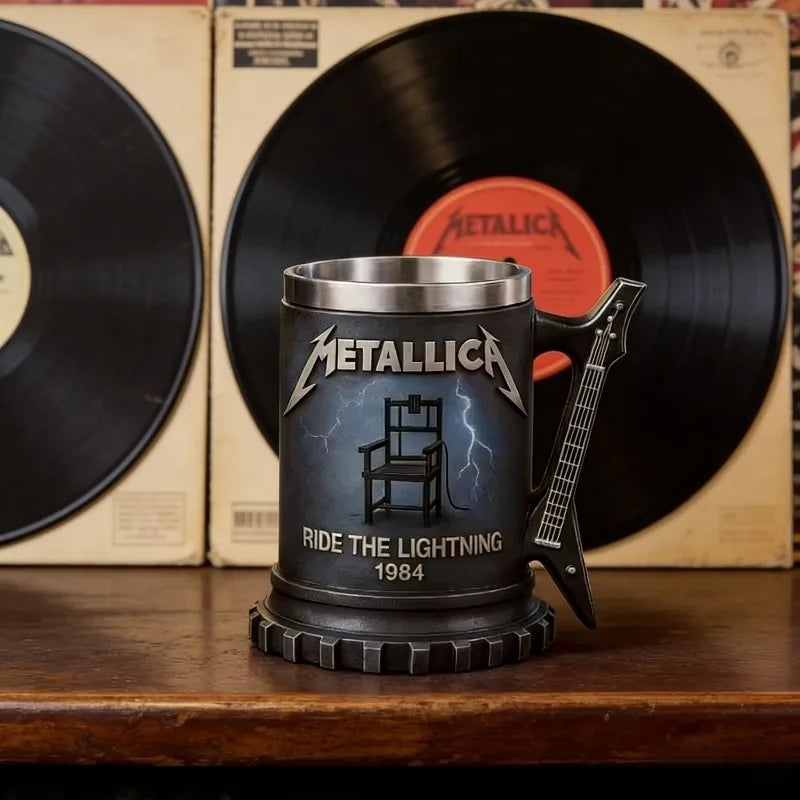 JingMetallica Ride The Lightning 1984 Collectible Mug, Guitar Handle Stainless Steel Lined Beer Stein, Heavy Metal Rock Fan Gift