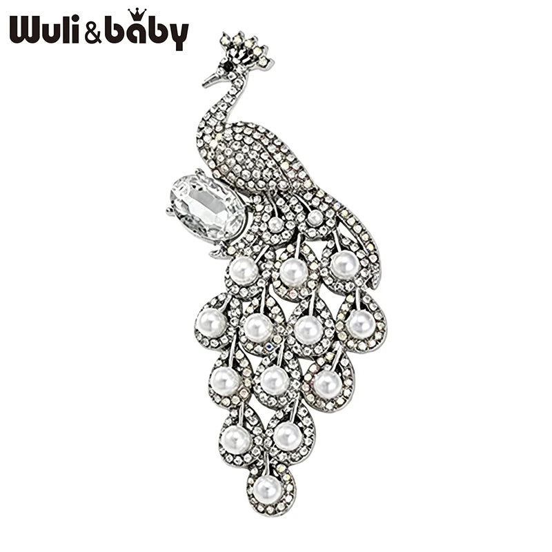PENDRA Pearl Peacock Rhinestone Bird Brooch