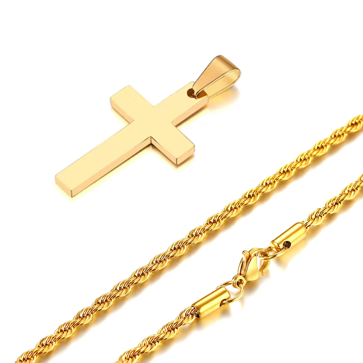 Gold Color Cross Necklaces for Men Boys,Stainless Steel Pendant Necklaces with 50cm Twist Rope Chain,Beach Surfing Jewelry Gift