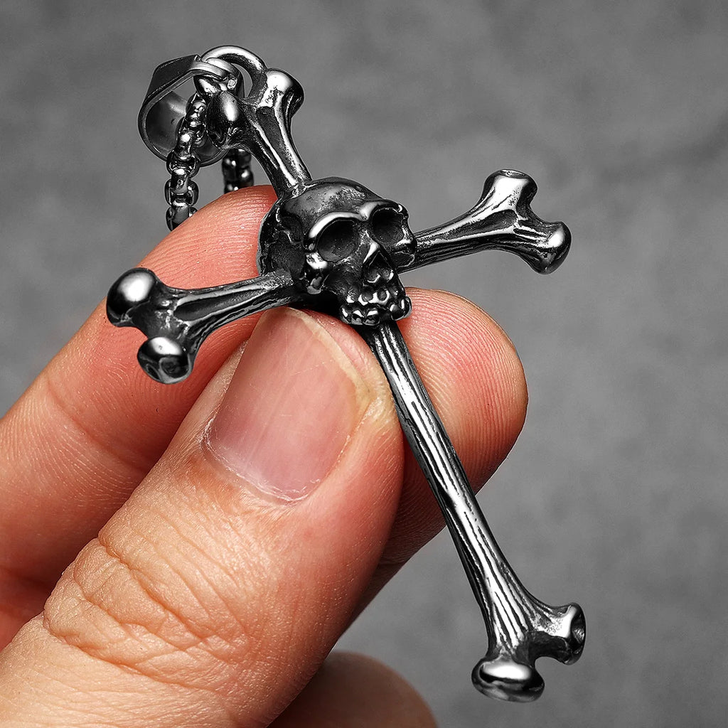 PENDRA Skull Bone Cross Steel Necklace