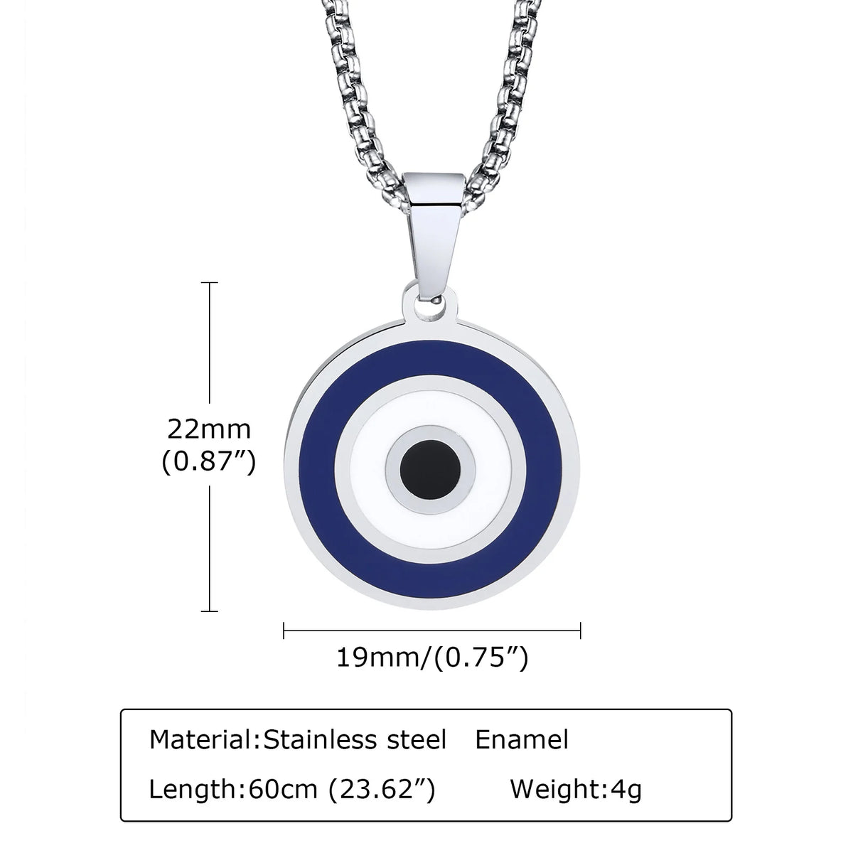 Casual Evil Blue Eye Necklaces for Men,Stainless Steel Round Pendant with Box Chain, Ethnic Turkish Collar Gifts Jewelry