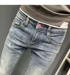Summer light color jeans men's retro fashion brand embroidery slim fit small feet Korean fashion casual thin nine point pants