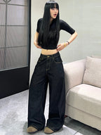 Women's Classic Black Loose American-Style Jeans, Trendy And Versatile Casual Wide-Leg Pants