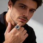 Stylish Faceted Black Stone Ring for Men,Waterproof Stainless Steel Oval Ring,Birthday Party Gift for Him Dad