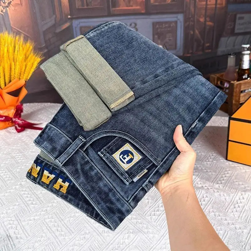 Men's Cropped Jeans Slim Fit Korean Trendy 2026 Spring Summer Blue Youth Trendy High-end Motorcycle Pants Men Man Trousers