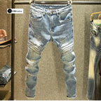 2025 Summer Ripped Jeans Men's Slim-fitting Small Feet Elastic Trousers Trendy Brand Fashion Scratched Patch Cargo Beggar Pants