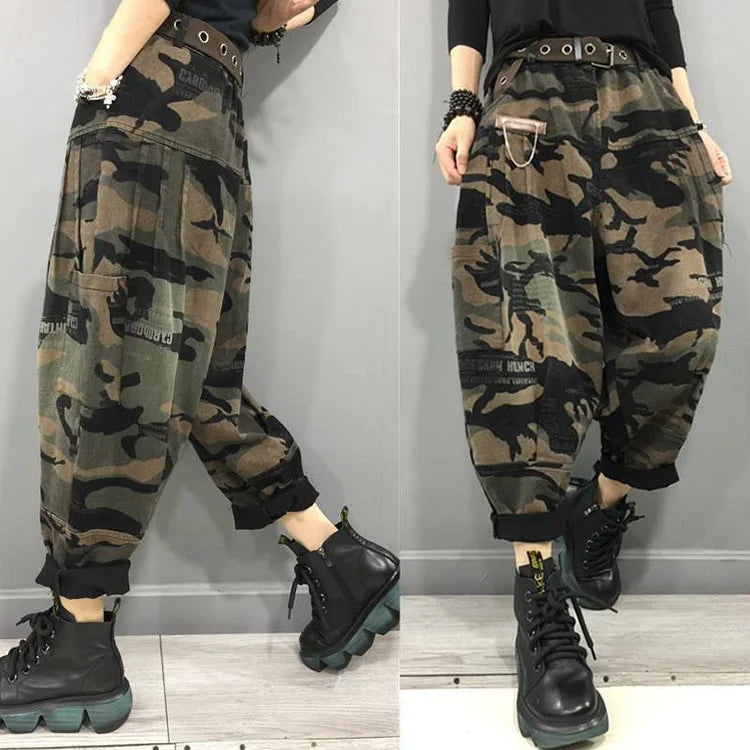 New Arrival 2024 Spring Autumn Women High Waist Ankle-length Loose Vintage Jeans camouflage Cotton Denim Harem Pants