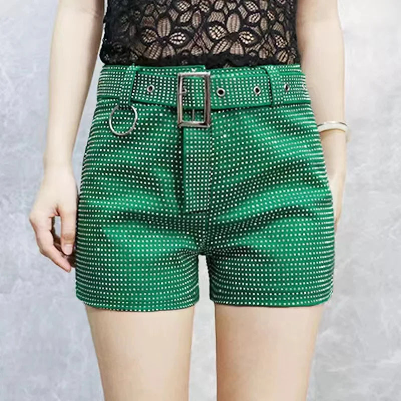 Rhinestone Shorts Women Wide Leg Shorts High Waist Sexy New Fashion Elastic Waist Diamond Casual Hot Pants Female belt