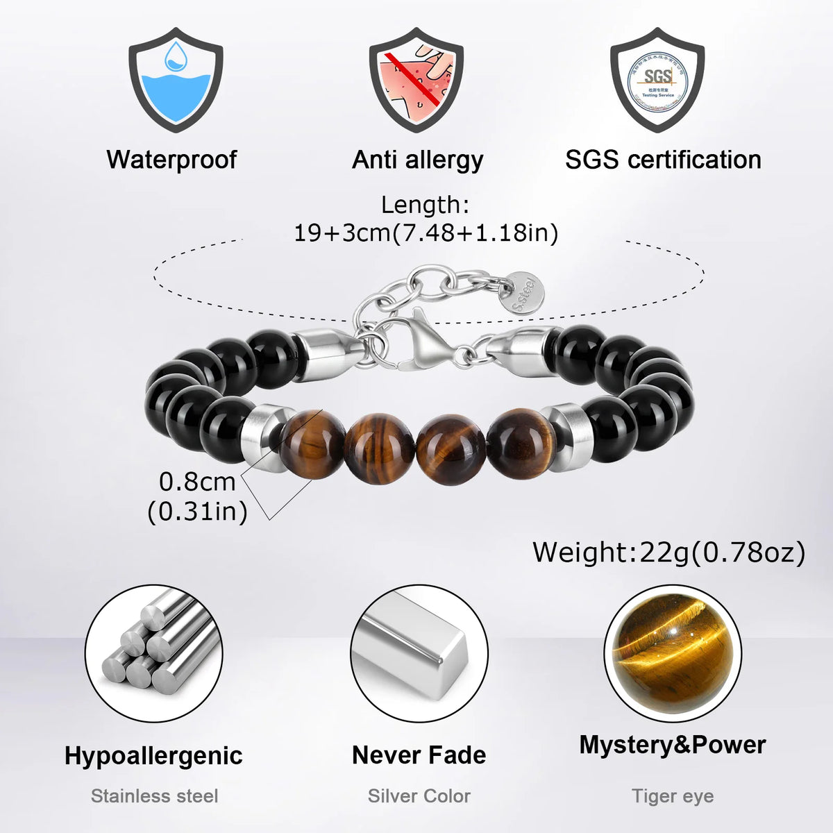 Men's Beaded Bracelet,Tiger Eye Stone Black Beaded Bracelets,Casual Jewelry Gift for Him Boys