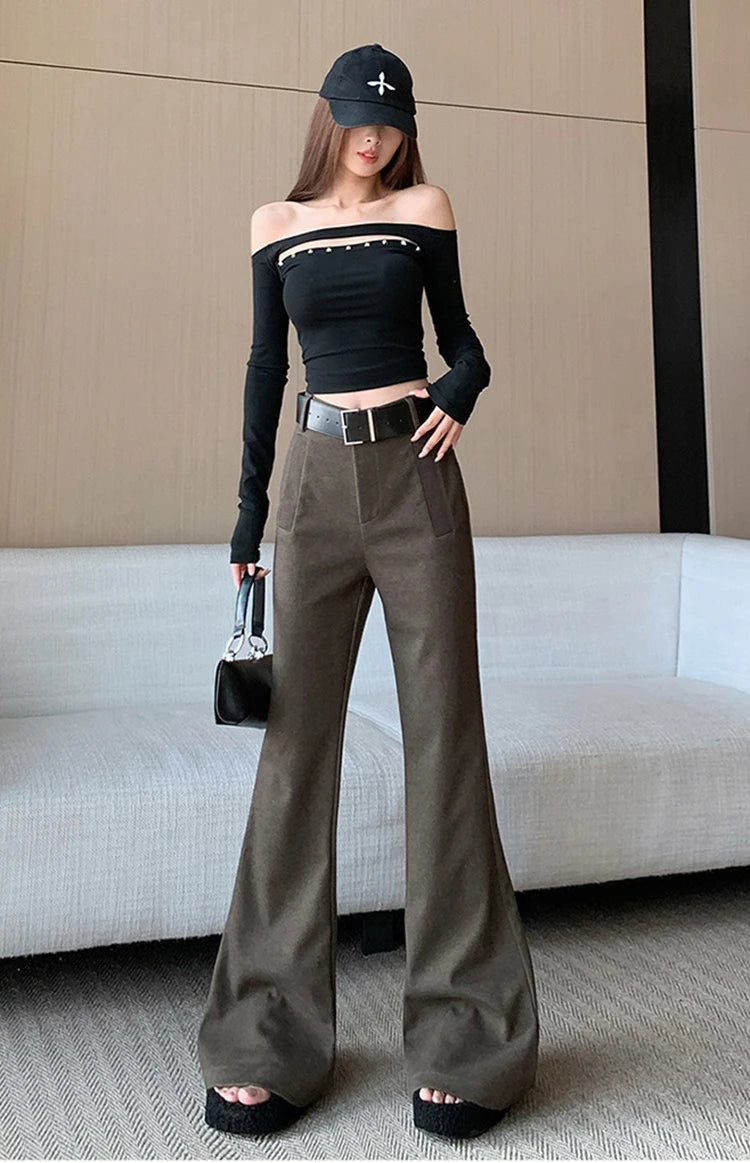 Retro solid color pants women autumn and winter high waisted casual and fashion versatile floor length flared trousers