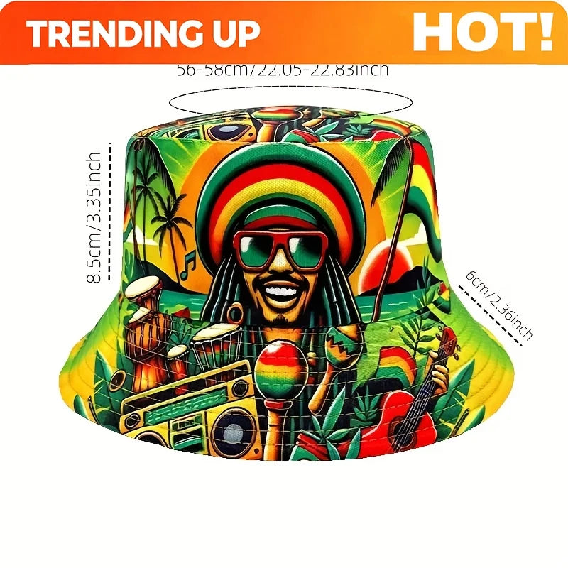 PENDRA Hip-hop Jamaican Character Print Double-sided Bucket Lightweight Fisherman Bucket Hat