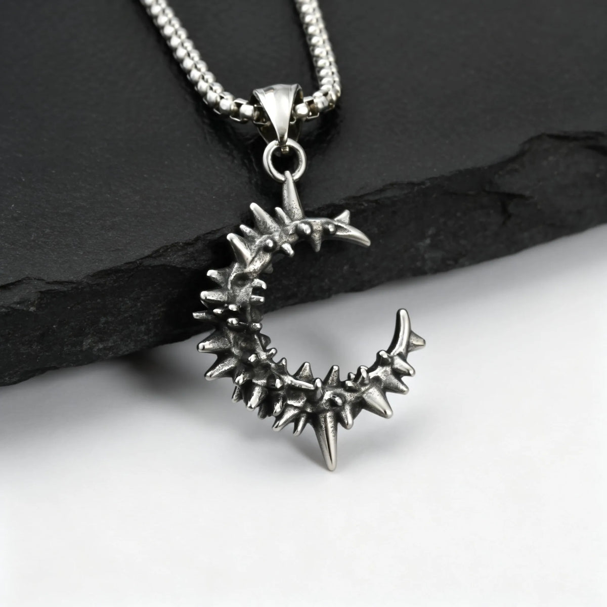 Gothic Thorn Moon Necklace for Men Boys,Vintage Stainless Steel C Shape Pendant Necklace,Birthday Party Jewelry Gift