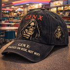 Gen X Retro Punk Baseball Cap with Grim Reaper Graphic - Adjustable Distressed Vintage Hat Suitable for Xennial Nostalgia