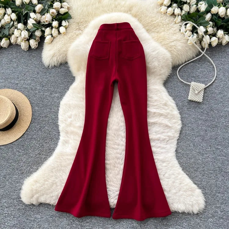 High waisted slim fit micro flared pants women in spring new design sense casual versatile solid color straight leg pants