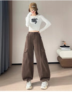 Corduroy cargo wide leg pants women in winter 2025 new high waisted loose fit slimming and ankle tied casual pants