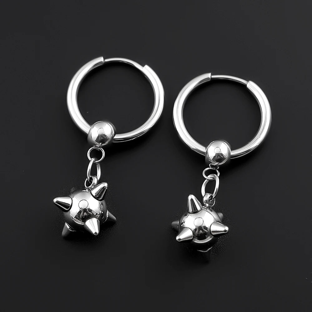 Gothic Spiky Sphere Drop Earrings Stainless Steel Spike Ball Dangle Huggie Hoops Dark Street Emo Piercing Decor Jewelry Gift