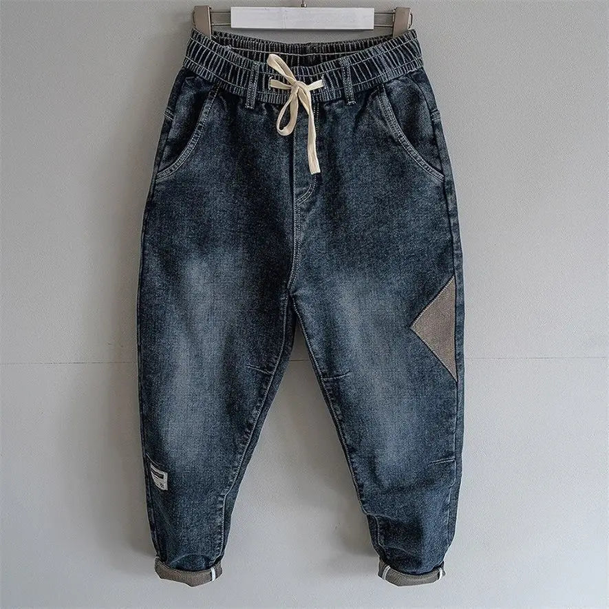 Loose Elastic Waist Denim Jeans Spring Autumn Spliced Harem Pants Men's Casual Pants 2024 Korean New Stretch Baggy Cargo Jeans