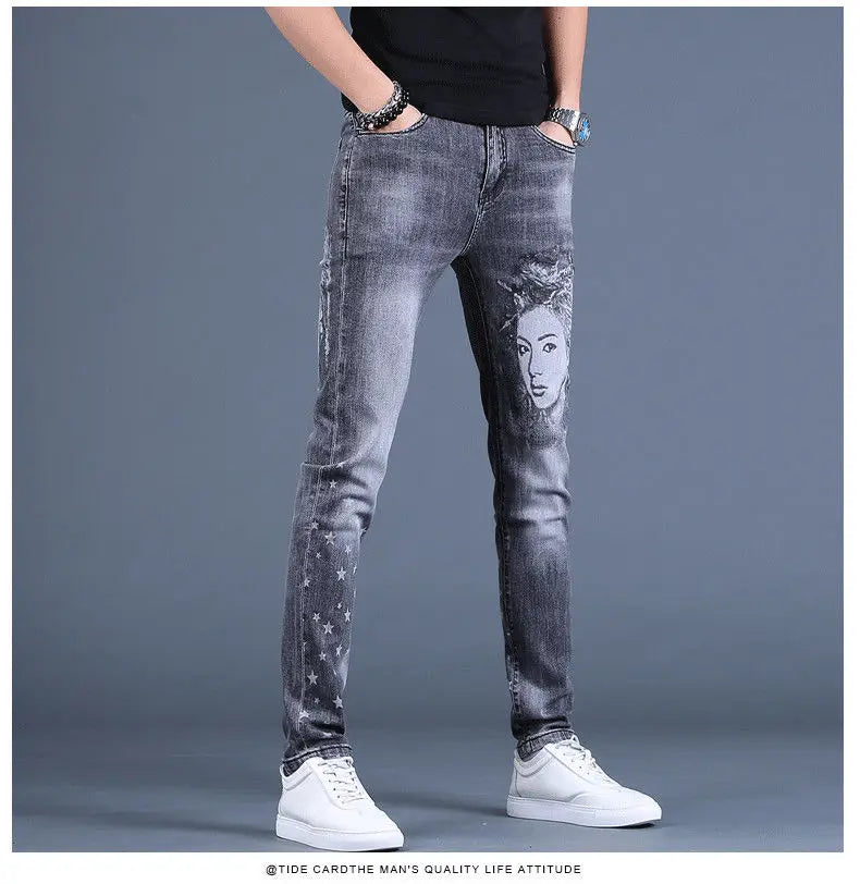 PENDRA Denim Cotton Printed Trousers