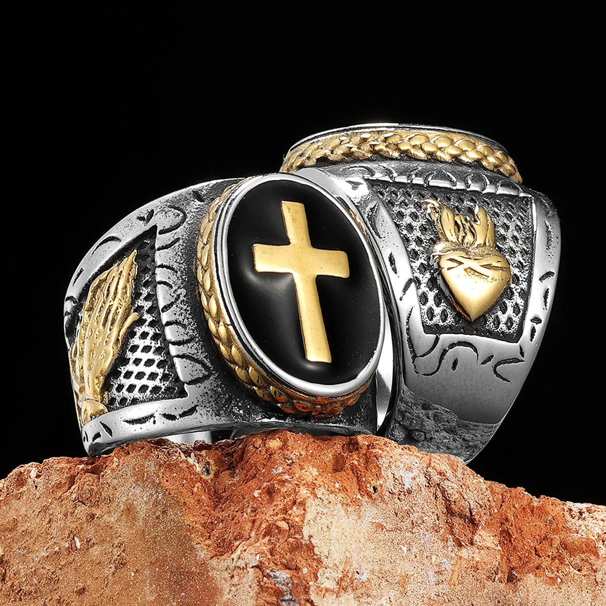 PENDRA Praying Hands Cross Steel Ring