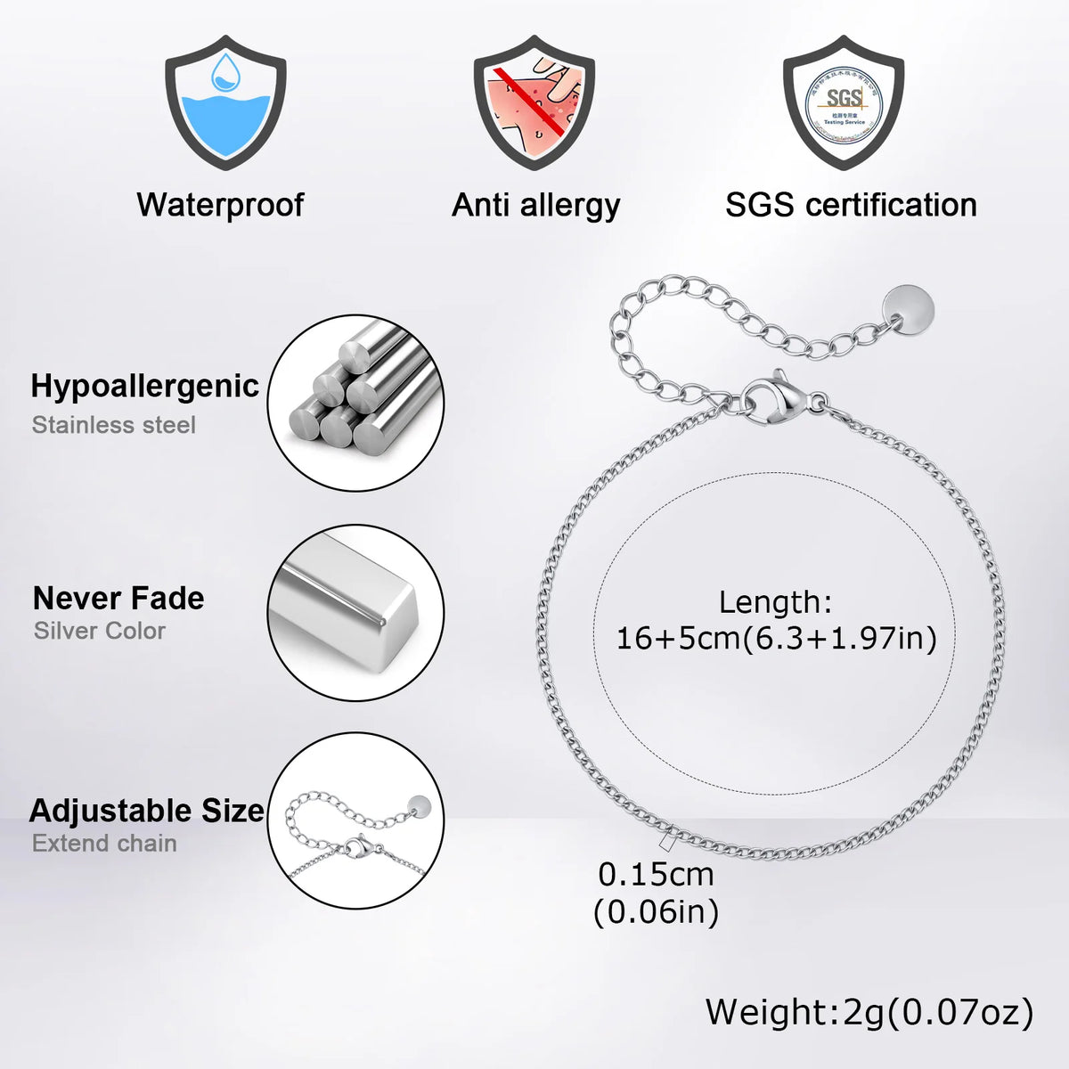 1.5/2/3mm Simple Cuban Chain Bracelets for Men Women,Adjustable Stainless Steel Curb Chain Wristband,Casual Jewelry Gift