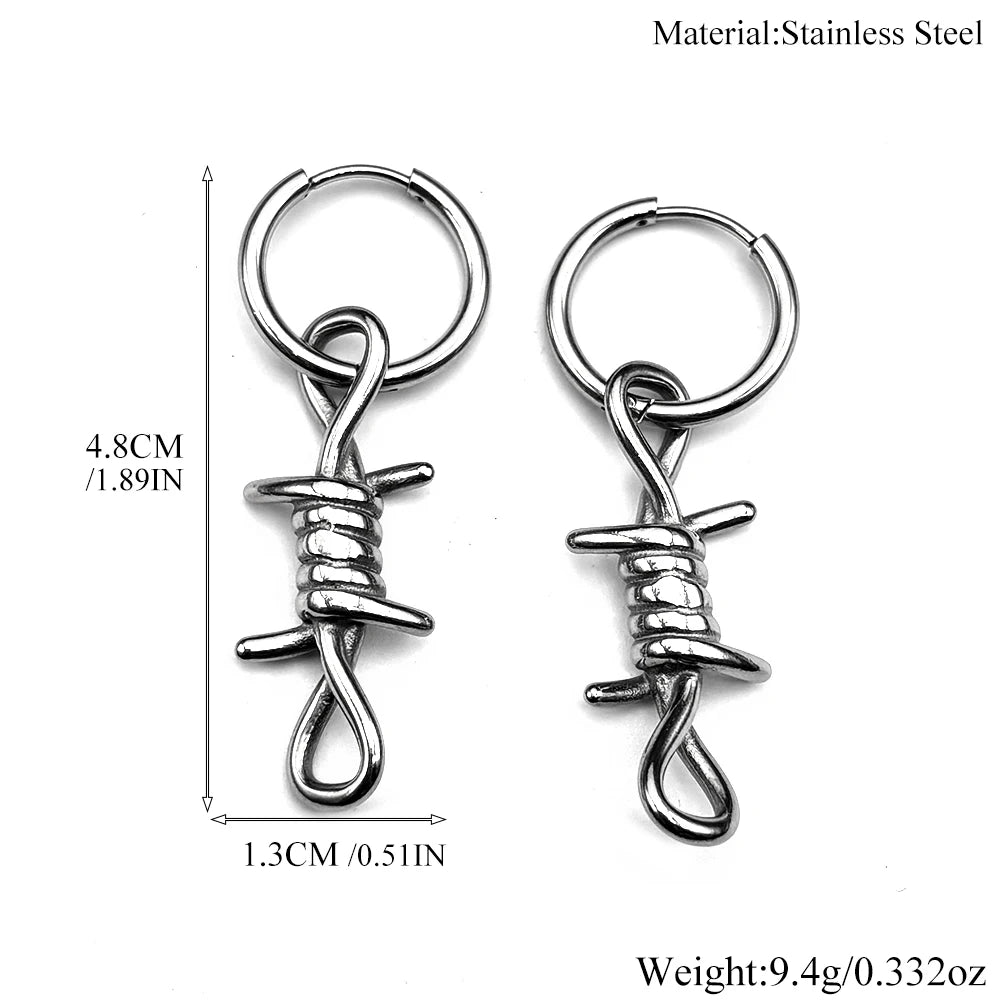 Hiphop Punk Barbed Wire Circle Earrings Stainless Steel Gothic Huggie Hoop Ear Ring Women Korean Rapper Jewelry Accessory