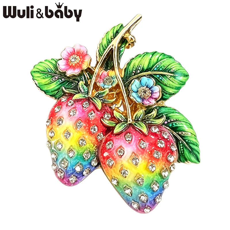 PENDRA Berry Enamel 4-Color Strawberry Rhinestone Brooch