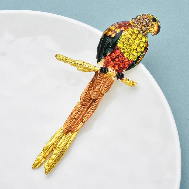 Wuli&baby Beautiful Parrot Bird Brooches Lovely Rhinestone Enamel Long Tail Bird Animal Brooch For Women's Clothes Backpack Pins