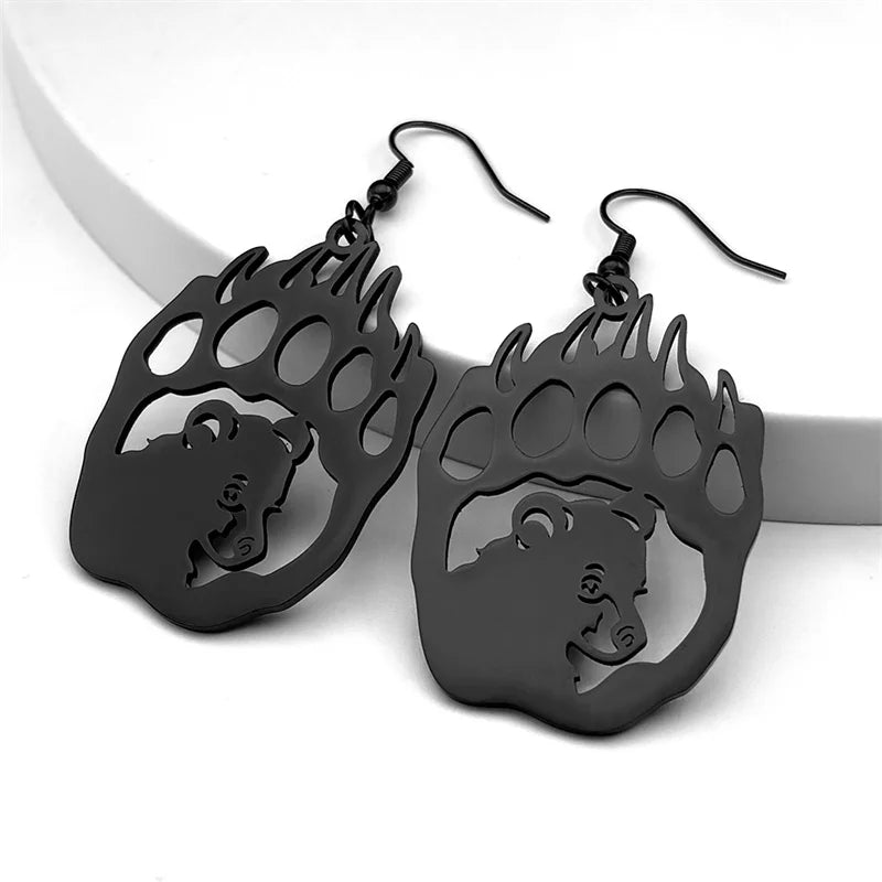 Hip Hop Animal Paw Bear Head Drop Earring for Women Stainless Steel Silver Black Color Hollow Earrings Jewelry E3492S06