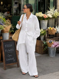 Women's White Linen Two-piece Set，Loose-fitting Turtleneck Low-waisted Button-down Shirt and Wide-leg Trousers; Casual Beach Cover-up and Street Style