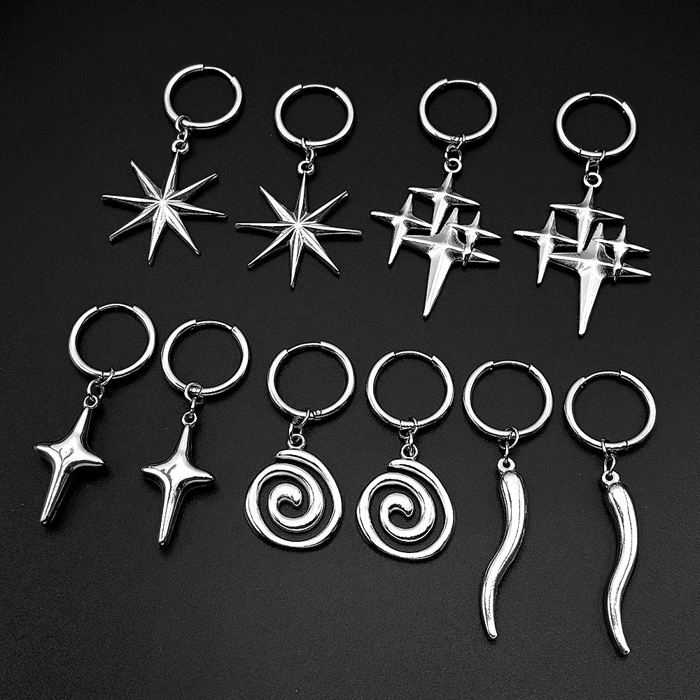 Y2K Star Swirl Earring Accessory For Egirl Boy Stainless Steel Silver Color Daily Streetwear Dark Kpop Ear Hoops Rapper Jewelry